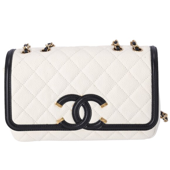 CHANEL CC Filigree Matelasse Shoulder Bag A93340 Cream Black Calfskin - Picture 1 of 10